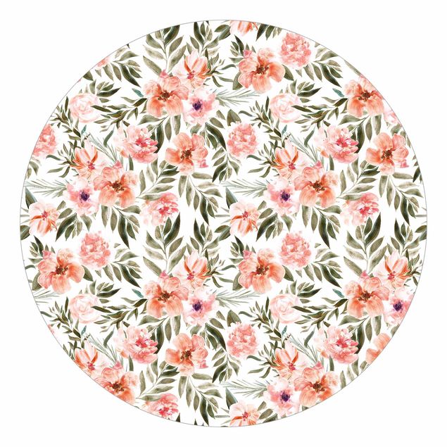 Self-adhesive round wallpaper - Watercolour Pink Flowers In Front Of White