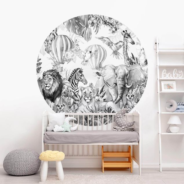 Self-adhesive round wallpaper - Watercolour Animals Of The Savannah Black And White