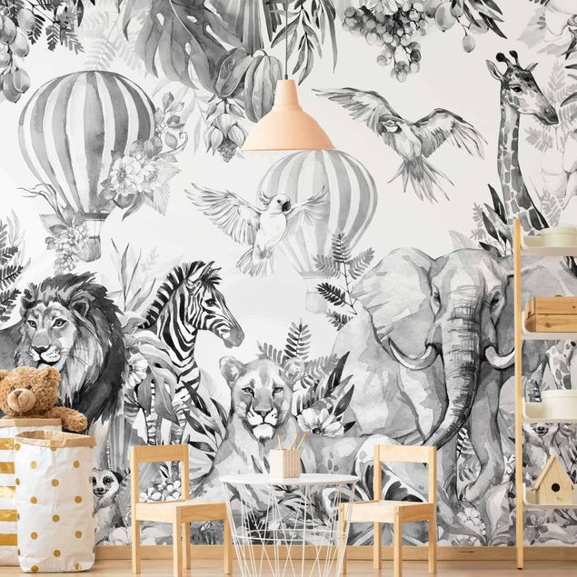 Wallpaper - Watercolour Animals Of The Savannah Black And White