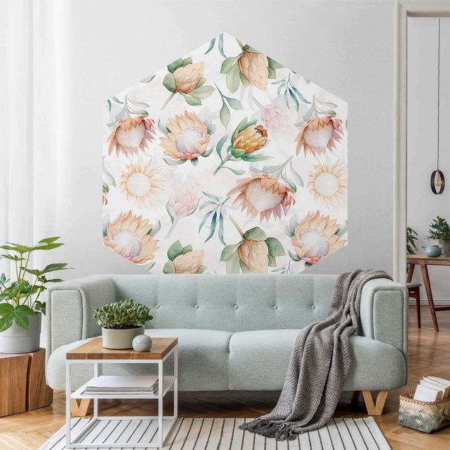 Self-adhesive hexagonal pattern wallpaper - Watercolour Sunflowers