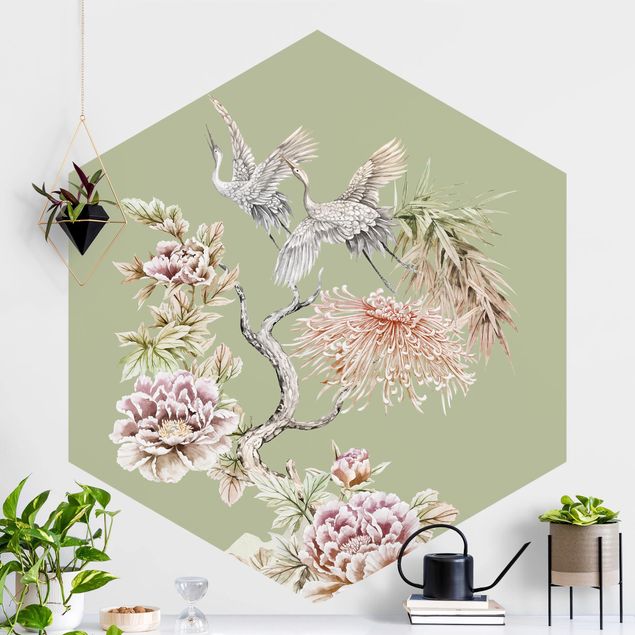 Hexagonal wall mural Watercolour Storks In Flight With Flowers On Green