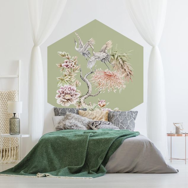Self-adhesive hexagonal pattern wallpaper - Watercolour Storks In Flight With Flowers On Green