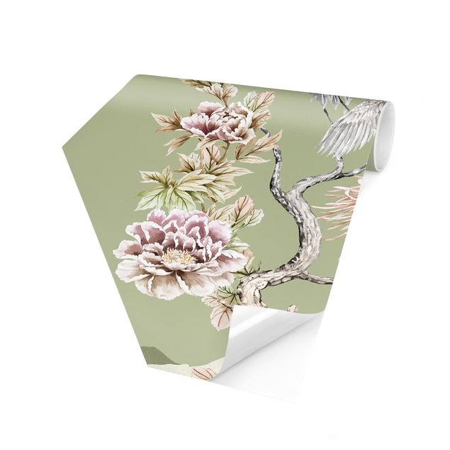 Self-adhesive hexagonal pattern wallpaper - Watercolour Storks In Flight With Flowers On Green