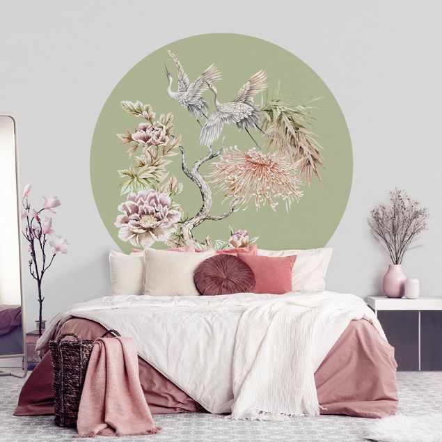Self-adhesive round wallpaper - Watercolour Storks In Flight With Flowers On Green