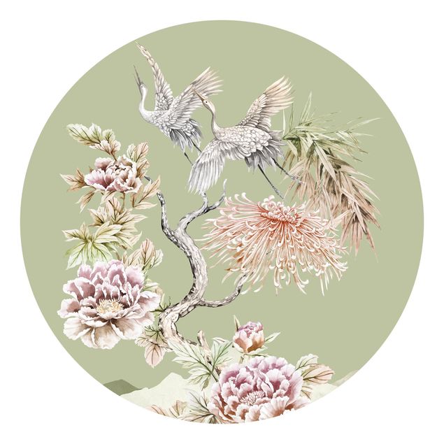 Self-adhesive round wallpaper - Watercolour Storks In Flight With Flowers On Green
