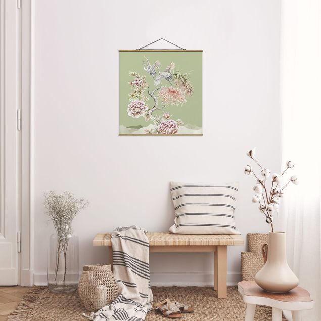 Fabric print with poster hangers - Watercolour Storks In Flight With Flowers On Green - Square 1:1