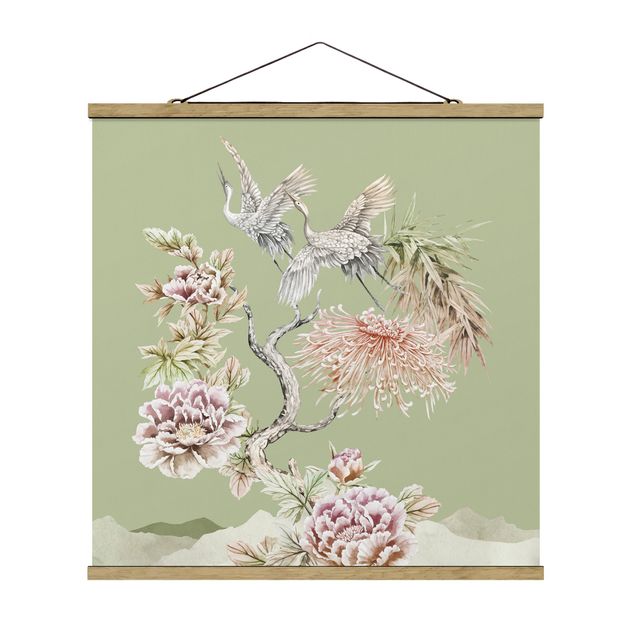 Fabric print with poster hangers - Watercolour Storks In Flight With Flowers On Green - Square 1:1