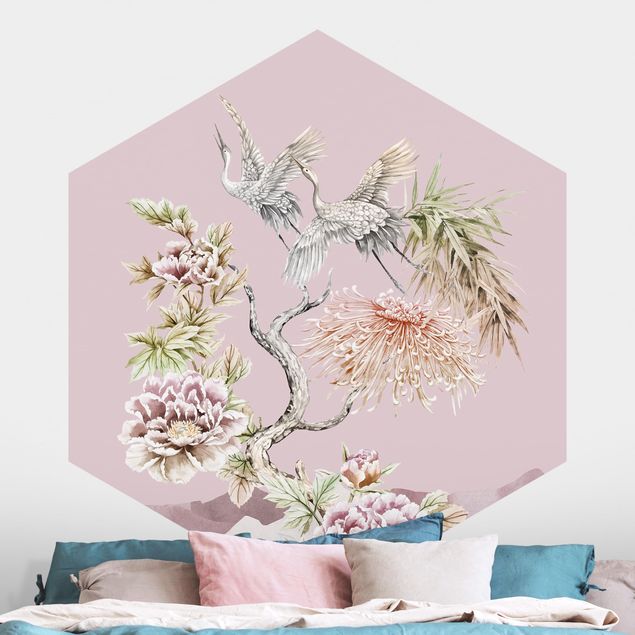 Hexagonal wallpapers Watercolour Storks In Flight With Flowers On Pink