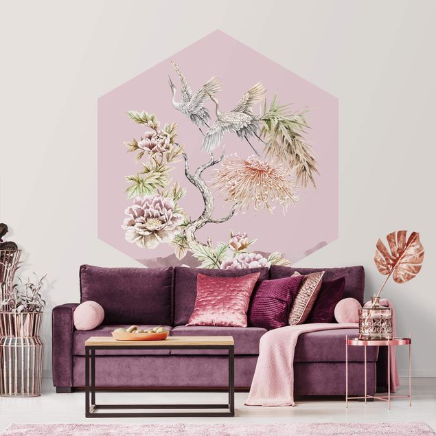 Self-adhesive hexagonal pattern wallpaper - Watercolour Storks In Flight With Flowers On Pink