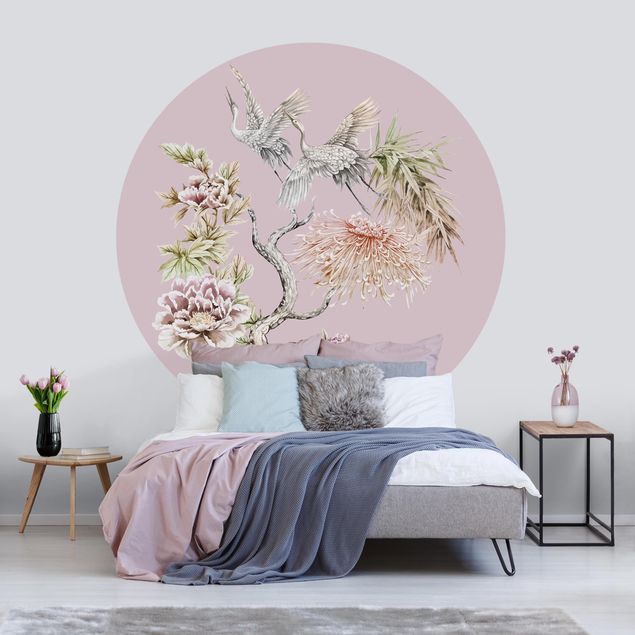 Self-adhesive round wallpaper - Watercolour Storks In Flight With Flowers On Pink