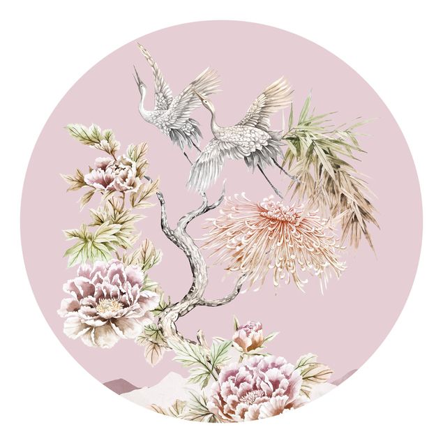 Self-adhesive round wallpaper - Watercolour Storks In Flight With Flowers On Pink