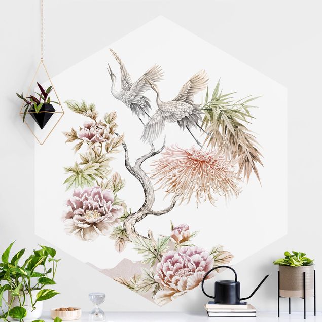 Self-adhesive hexagonal wall mural Watercolour Storks In Flight With Flowers