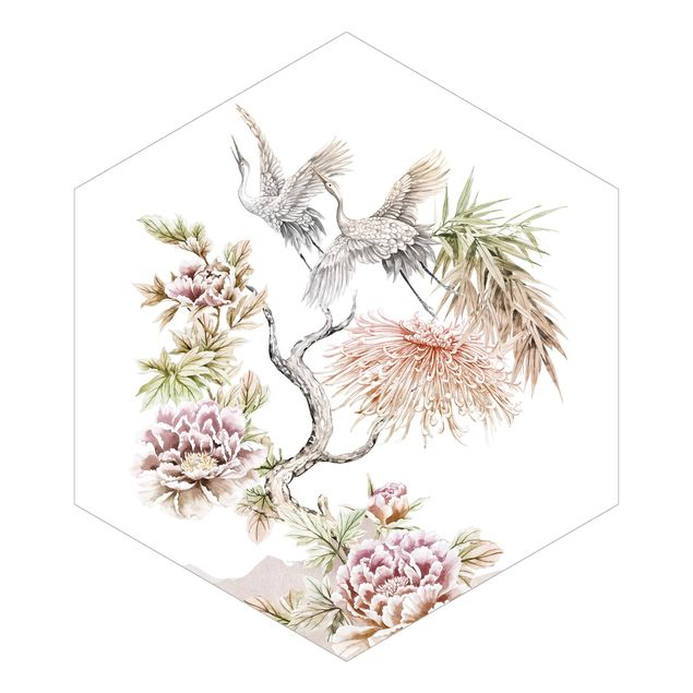 Self-adhesive hexagonal pattern wallpaper - Watercolour Storks In Flight With Flowers