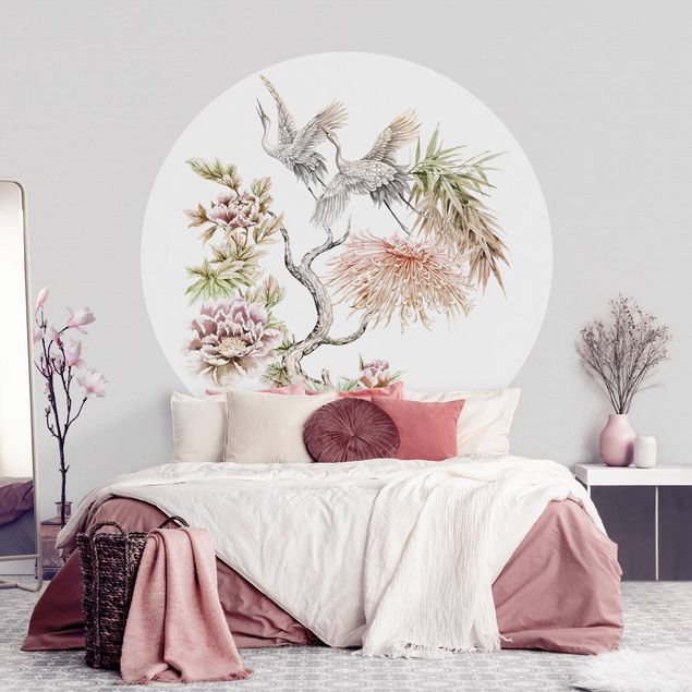 Self-adhesive round wallpaper - Watercolour Storks In Flight With Flowers