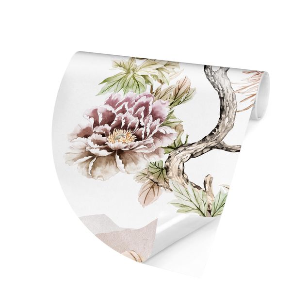 Self-adhesive round wallpaper - Watercolour Storks In Flight With Flowers