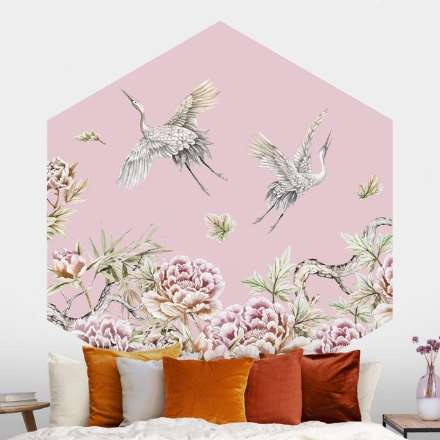 Hexagonal wallpapers Watercolour Storks In Flight With Roses On Pink