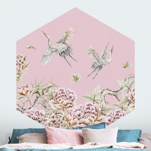 Wallpapers Watercolour Storks In Flight With Roses On Pink
