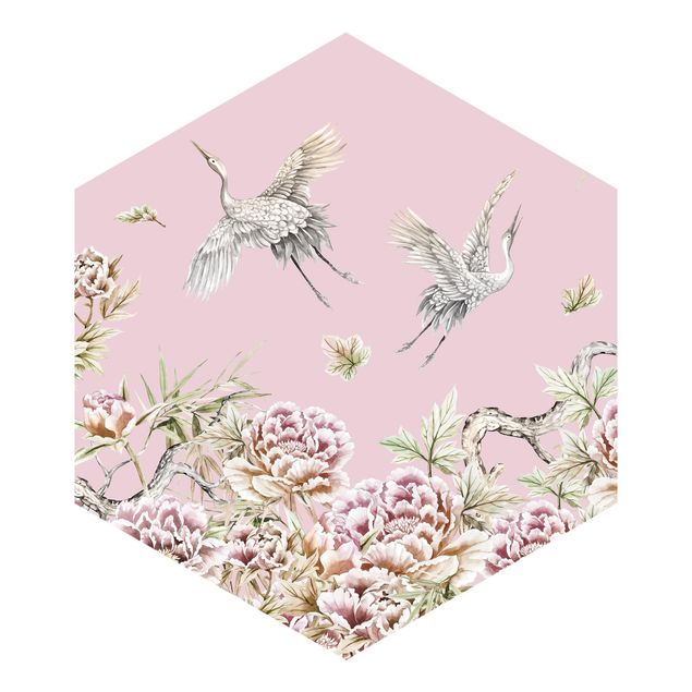 Self-adhesive hexagonal pattern wallpaper - Watercolour Storks In Flight With Roses On Pink