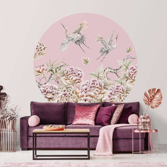 Self-adhesive round wallpaper - Watercolour Storks In Flight With Roses On Pink