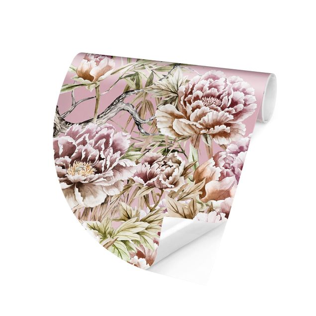 Self-adhesive round wallpaper - Watercolour Storks In Flight With Roses On Pink