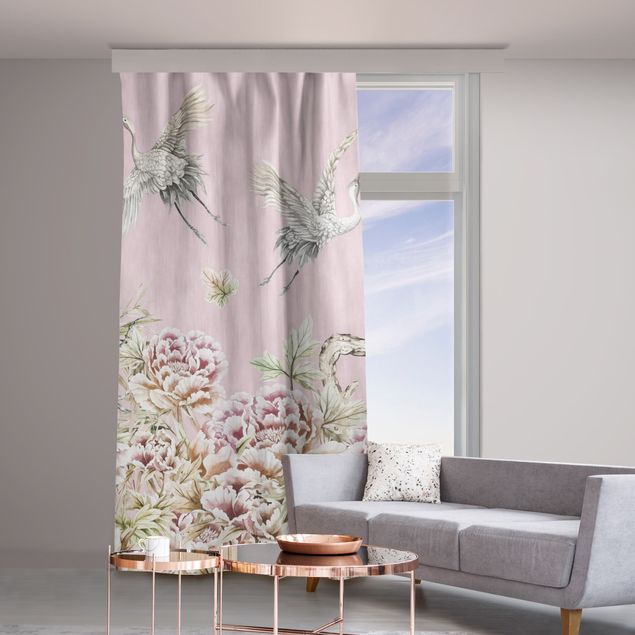 modern curtains for living room Watercolour Storks In Flight With Roses On Pink
