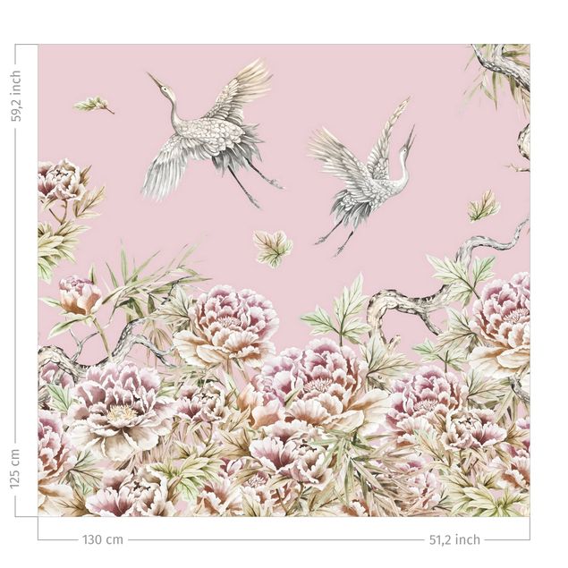 flower curtains Watercolour Storks In Flight With Roses On Pink