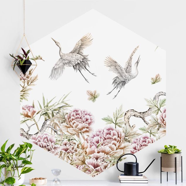 Hexagonal wall mural Watercolour Storks In Flight With Roses