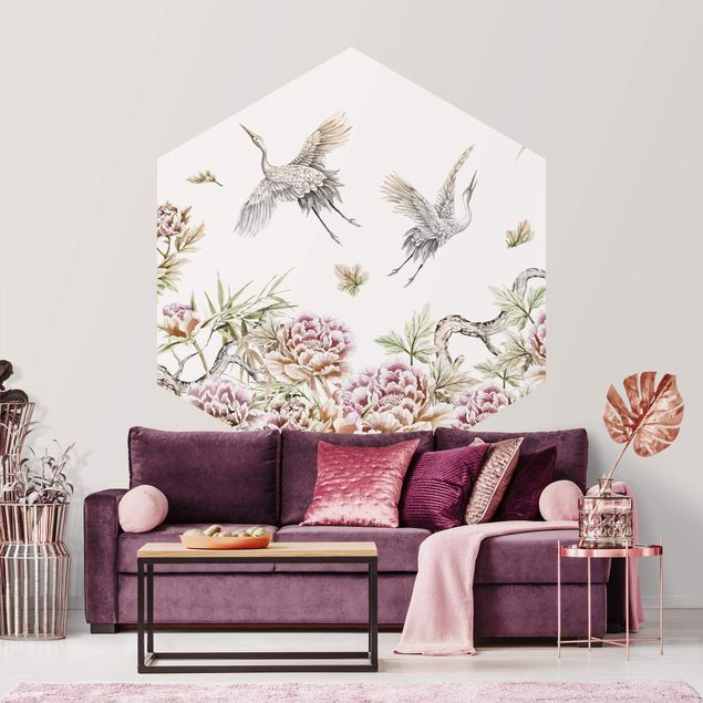Self-adhesive hexagonal pattern wallpaper - Watercolour Storks In Flight With Roses