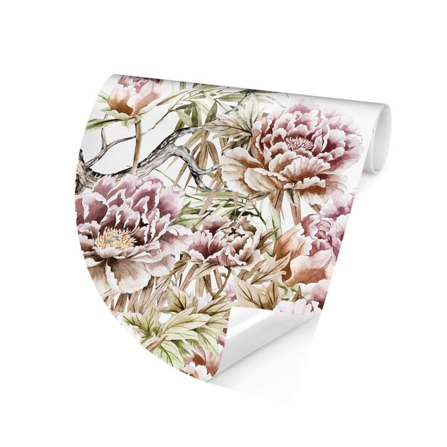 Self-adhesive round wallpaper - Watercolour Storks In Flight With Roses