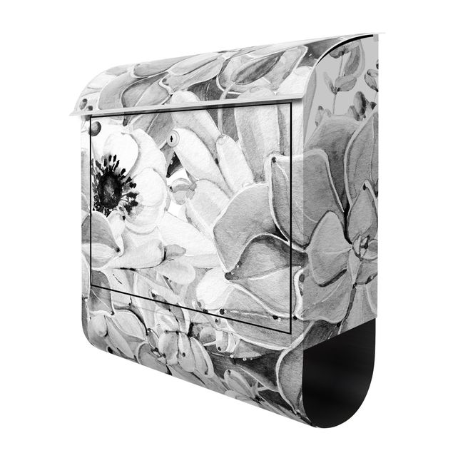 Letterbox - Watercolour Succulent With Flower In Black And White