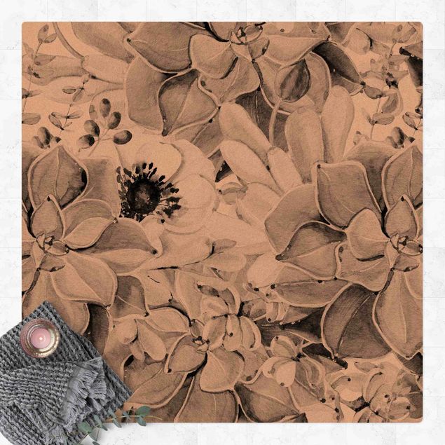 Cork mat - Watercolour Succulent With Flower In Black And White - Square 1:1