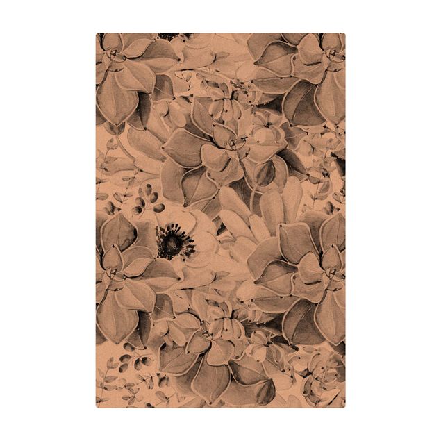 Cork mat - Watercolour Succulent With Flower In Black And White - Portrait format 2:3