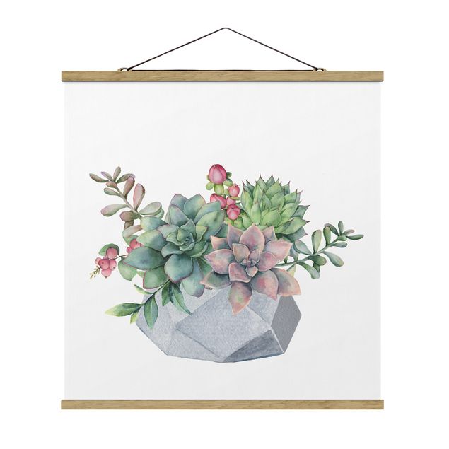 Fabric print with poster hangers - Watercolour Succulents Illustration - Square 1:1