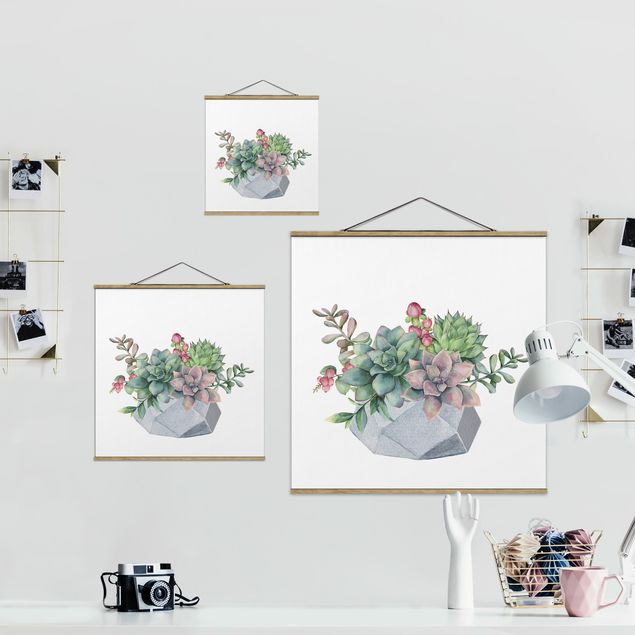 Fabric print with poster hangers - Watercolour Succulents Illustration - Square 1:1