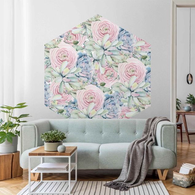Self-adhesive hexagonal pattern wallpaper - Watercolour Succulents And Ranunculus Pattern