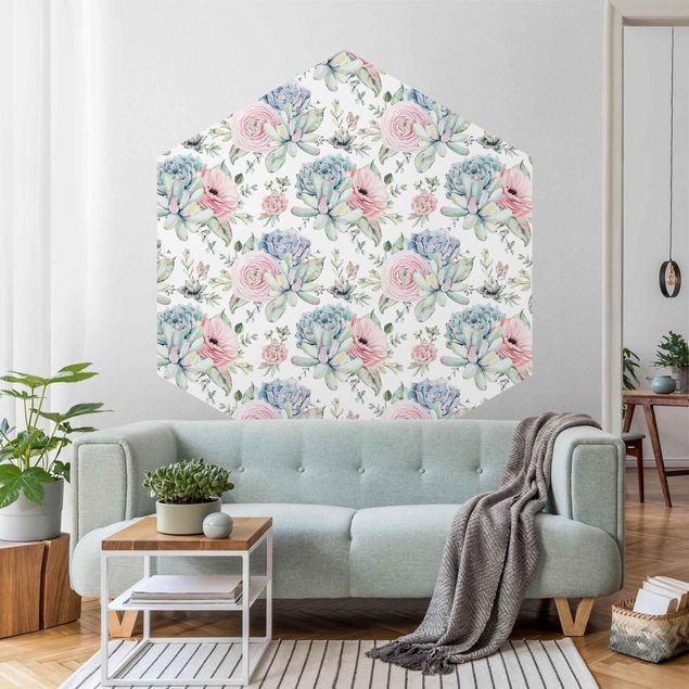 Self-adhesive hexagonal pattern wallpaper - Watercolour Succulents Bouquet Pattern
