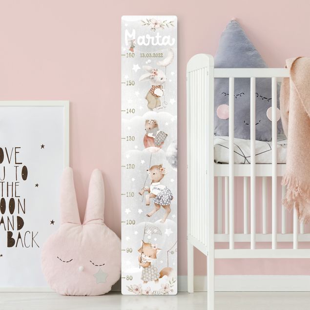 Wooden height chart for kids - Watercolour Animals - To the stars with custom name