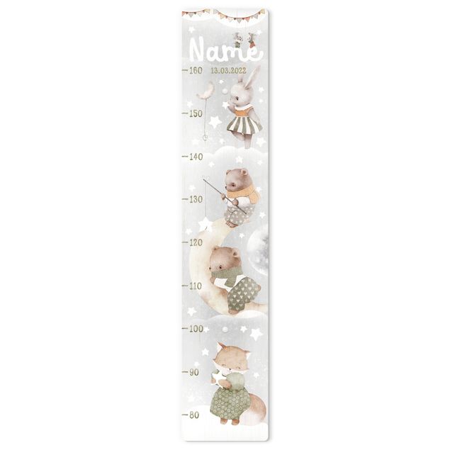 Wooden height chart for kids - Watercolour Animals - To the moon with custom name
