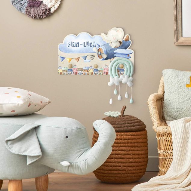Coat rack for children - Watercolour Animal Pilot Elephant With Customised Name