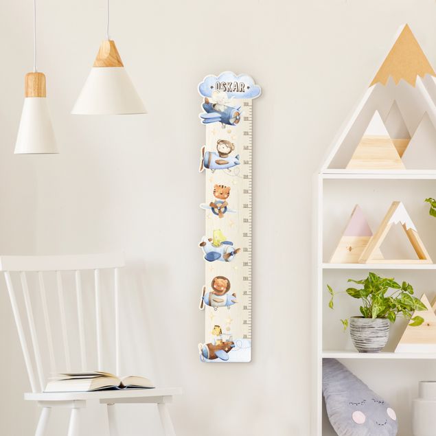 Wooden height chart for kids - Watercolour animal pilot with custom name