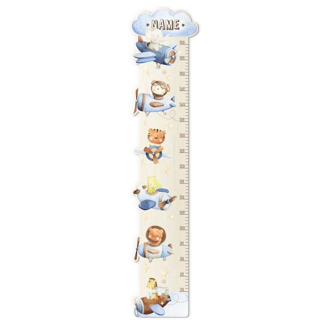 Wooden height chart for kids - Watercolour animal pilot with custom name