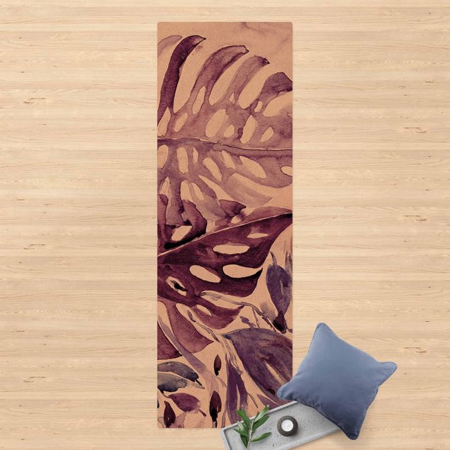 hallway runner Watercolour Tropical Leaves With Monstera In Aubergine