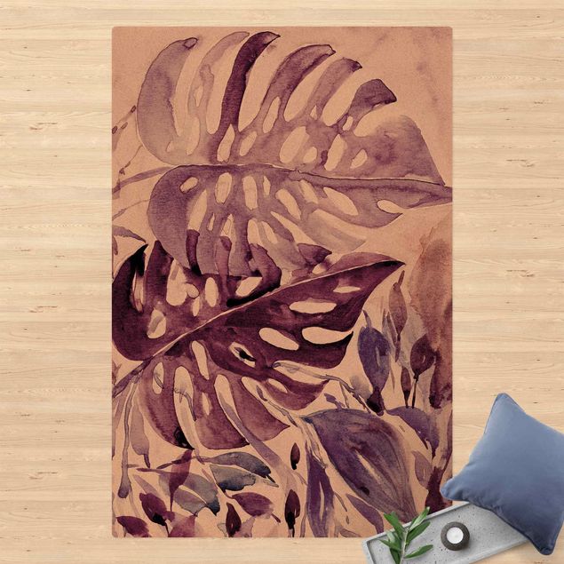 contemporary rugs Watercolour Tropical Leaves With Monstera In Aubergine