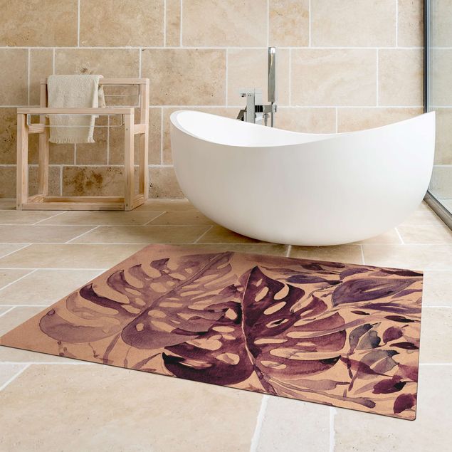 purple floor mats Watercolour Tropical Leaves With Monstera In Aubergine