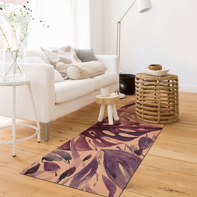 modern area rugs Watercolour Tropical Leaves With Monstera In Aubergine