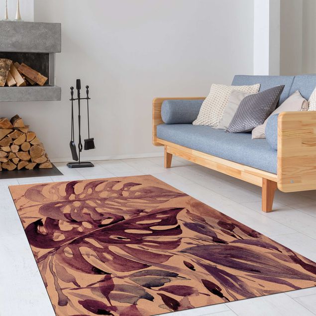 jungle theme rug Watercolour Tropical Leaves With Monstera In Aubergine