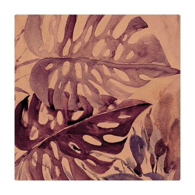 Cork mat - Watercolour Tropical Leaves With Monstera In Aubergine - Square 1:1