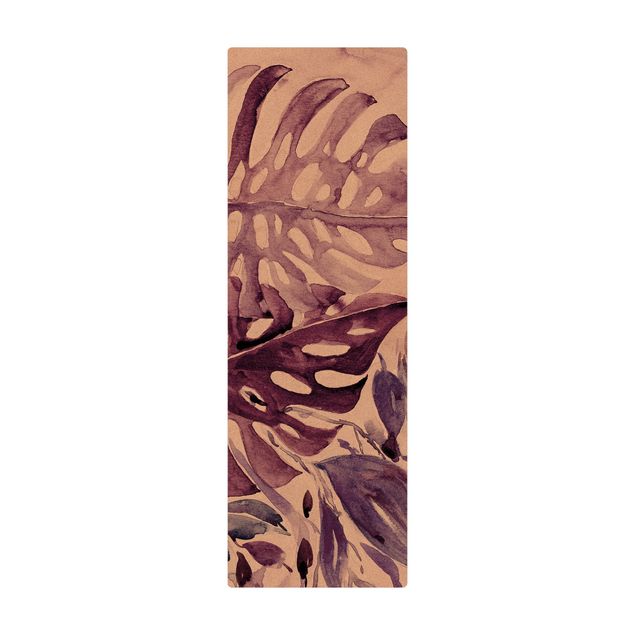 rug under dining table Watercolour Tropical Leaves With Monstera In Aubergine