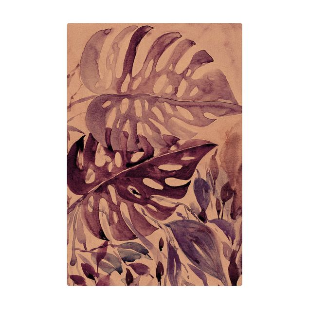 large floor mat Watercolour Tropical Leaves With Monstera In Aubergine
