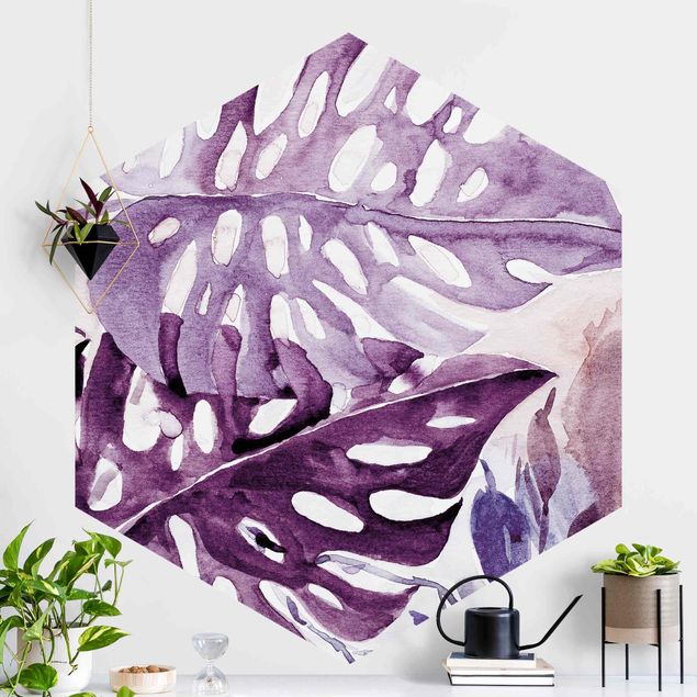 Hexagonal wall mural Watercolour Tropical Leaves With Monstera In Aubergine
